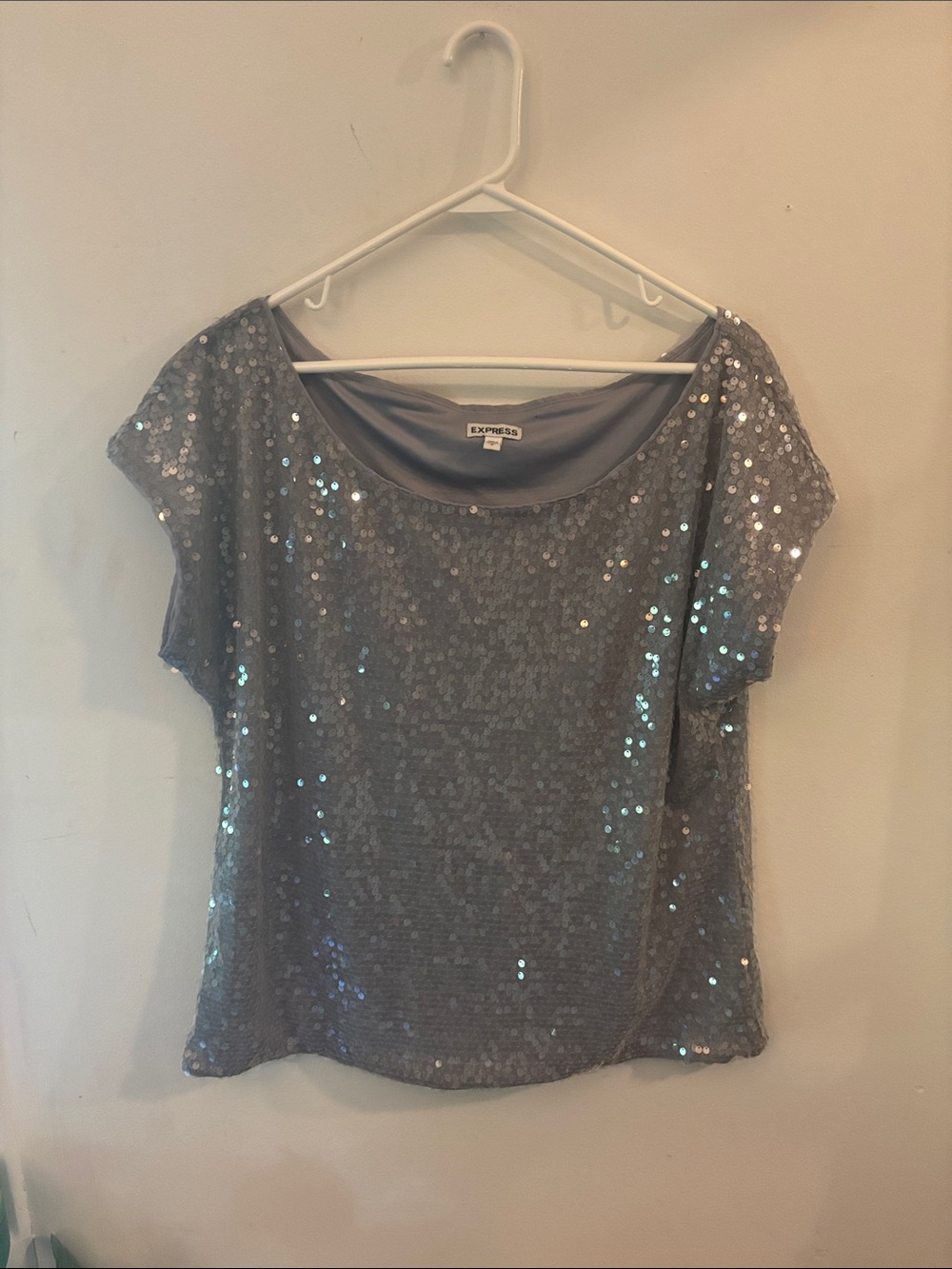 Express Shiny Grey Fully Lined Sequin Cap Sleeve Top Size L Sparkly Night Out